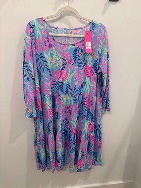 Lilly Pulitzer Blue & Pink 3/4 length sleeve Tropical Leaf Dress NWT XXL